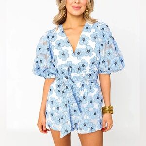 Buddy Love Blue Floral Romper L Puff Sleeve Tie Waist Cutout Back